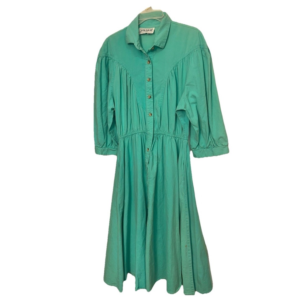 VINTAGE J. Ellis II Dress 80s 90s Shirt Dress Teal Button Down‎ See Measurements